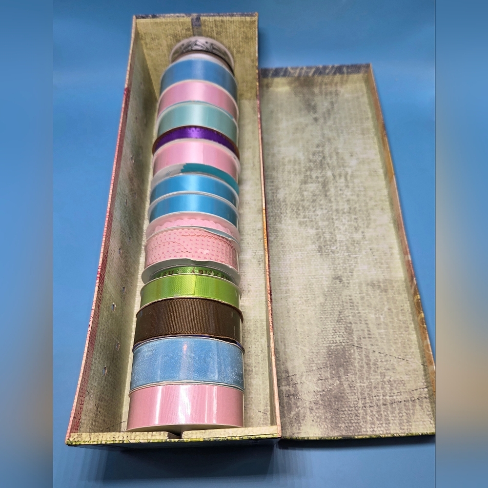 Decorative Ribbon Box With 17 Brand New Spools Of Assorted Colored Ribbon